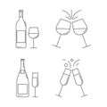 Wine and Champagne bottles with glasses outline icon set. Cheers sign. Vector illustration. Royalty Free Stock Photo